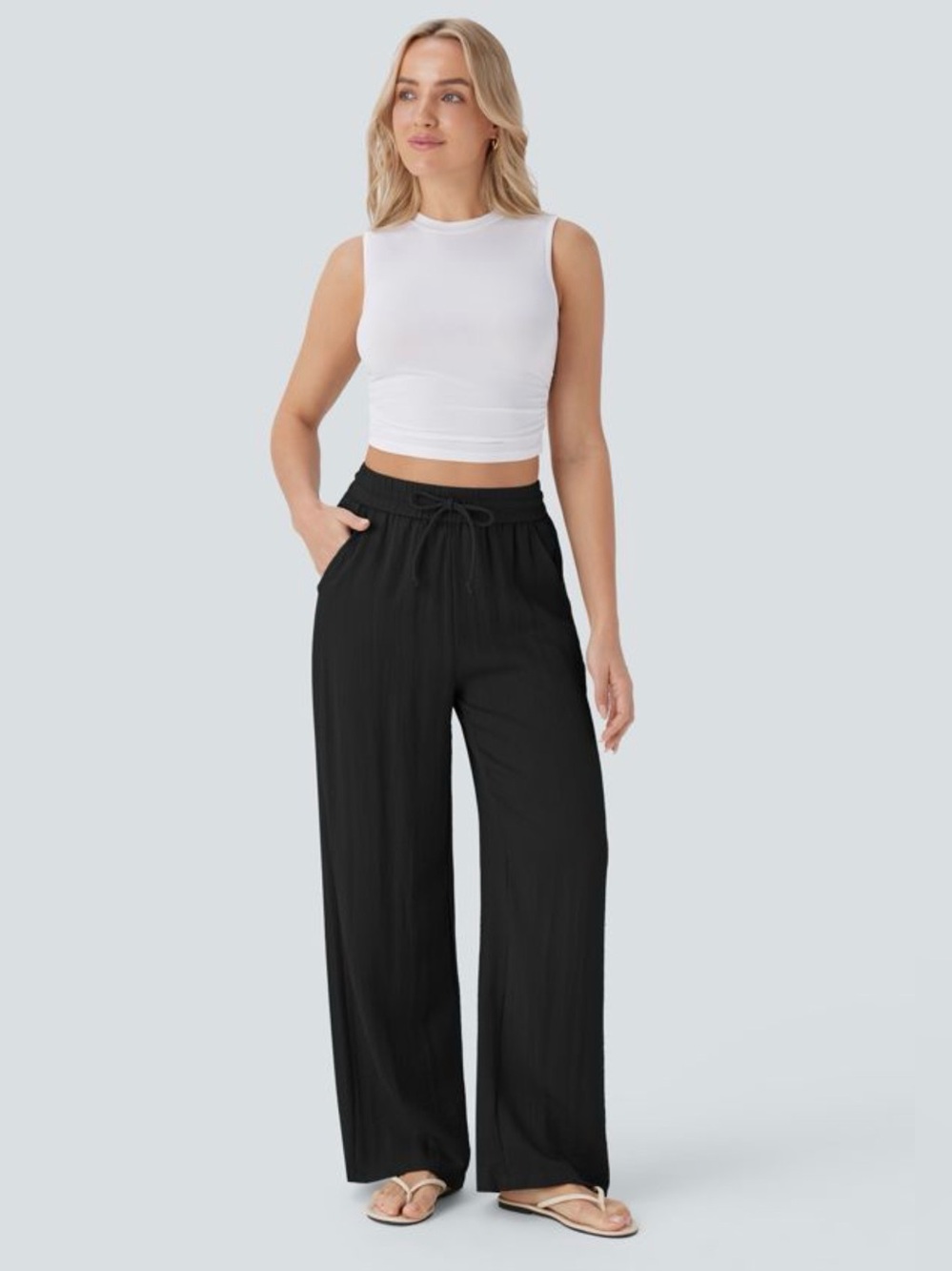 Halara High Waisted Drawstring Pocket Wide Leg Casual Linen-Feel Pants Black SP - Picture 2 of 9